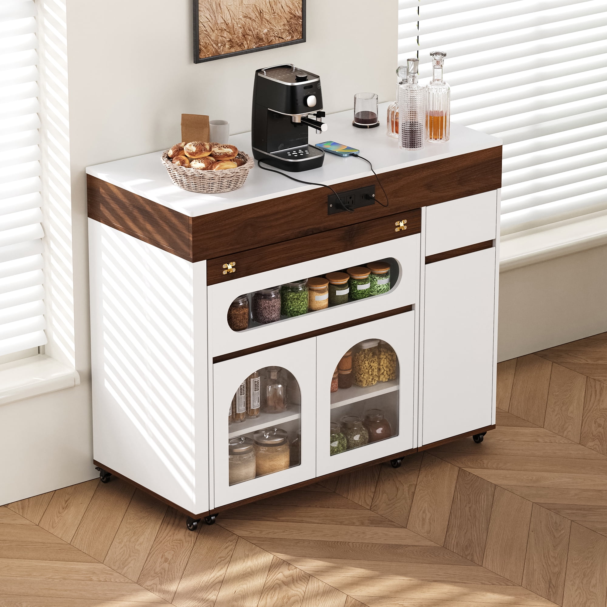 MODERNLUXE Extendable Dining Table with Extra-Long Folding Tabletop, Rolling Kitchen Island with Drawers,Power Outlet and Brake lock, Sideboard Storage Cabinet for Kitchen, Dining Room,Walnut
