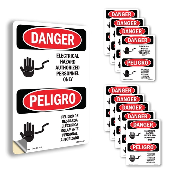 Electrical Hazard Authorized Only Bilingual OSHA Danger Vinyl Decal Label 14 Inch x 10 Inch - 10 Pack