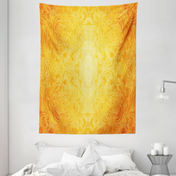 Yellow Tapestry, Victorian Style Antique Pattern with Ornamental Flourish Vintage Design Illustration, Wall Hanging for Bedroom Living Room Dorm Decor, 60W X 80L Inches, Marigold, by Ambesonne