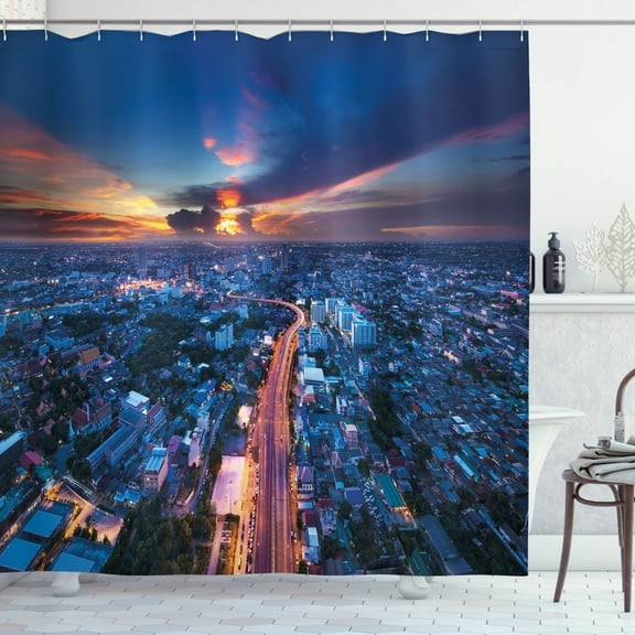 Ambesonne Urban Shower Curtain, Bangkok Thailand Skyline, 69"Wx70"L, Blue Coral