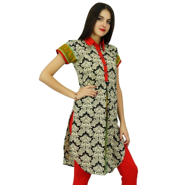 Bimba Tunique Courte en Coton Imprimé pour Femmes Manches Courtes Kurta Kurti Vêtements Indiens