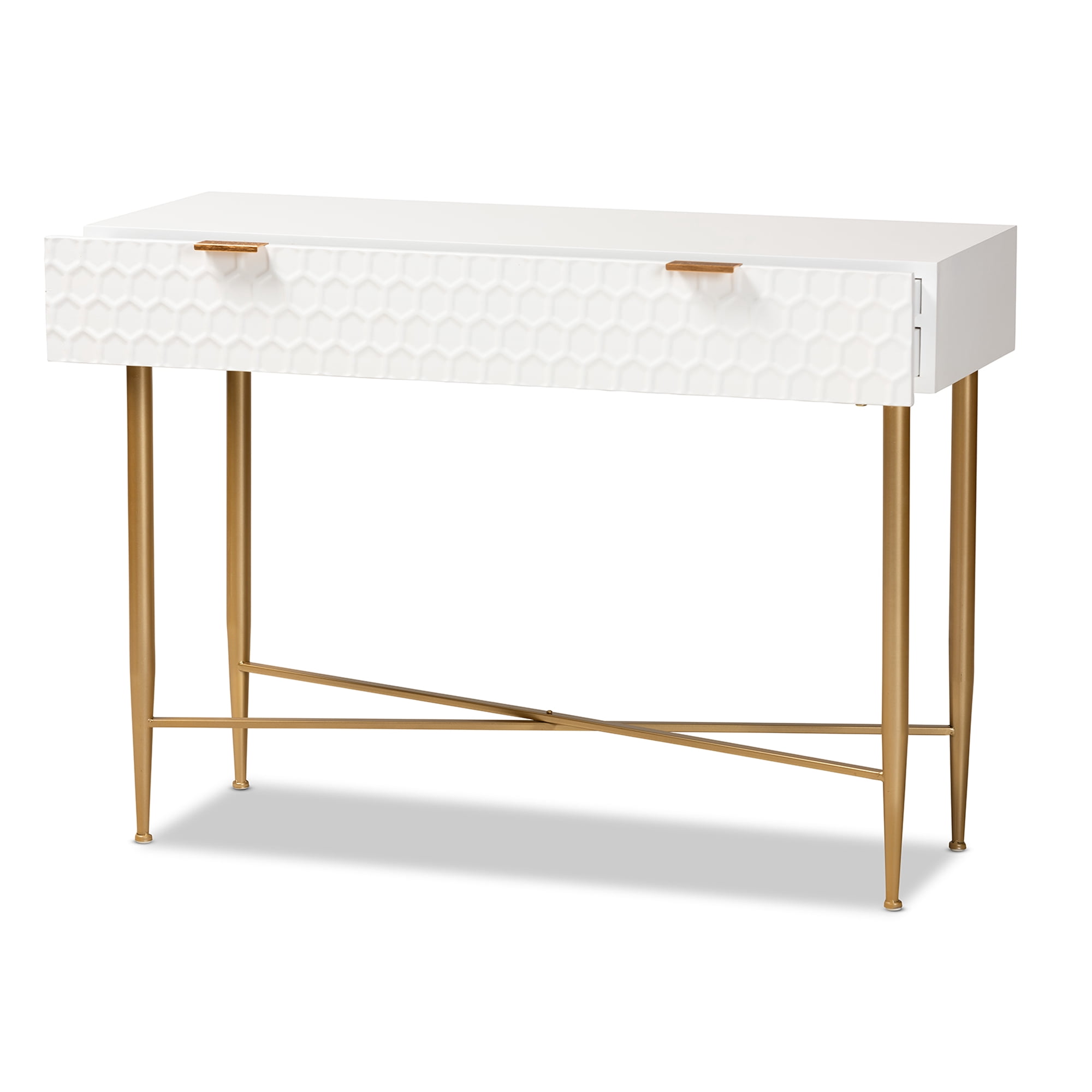 Baxton Studio Galia Modern and Contemporary White Finished Wood and Gold Metal 1-Drawer Console Table