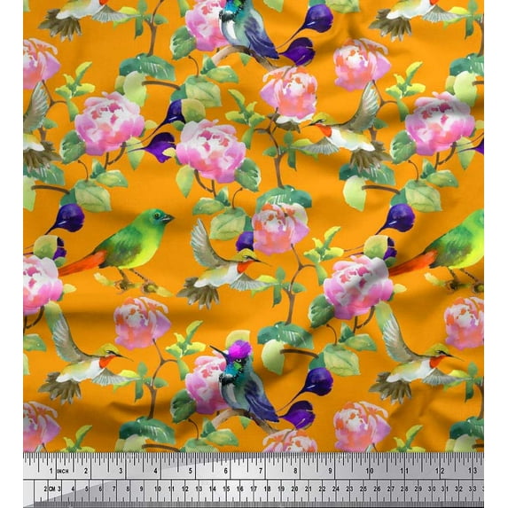Soimoi Rayon Fabric Leaves,Floral & Hummingbird Bird Print Fabric by Yard 56 Inch Wide
