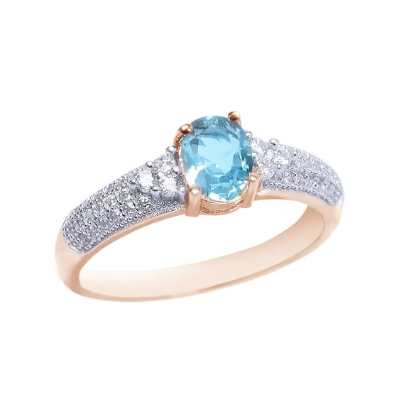 AFFY Simulated Aquamarine CZ & White Cubic Zirconia Solitaire Anniversary Ring In 14k Rose Gold Over Sterling Silver (1 Cttw)