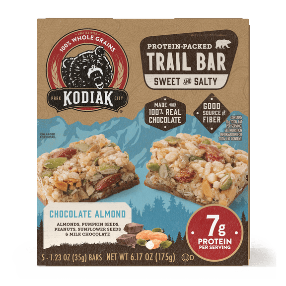 Kodiak Protein-Packed Chocolate Almond Trail Bars, 1.23 oz, 5 Count Cardboard Box