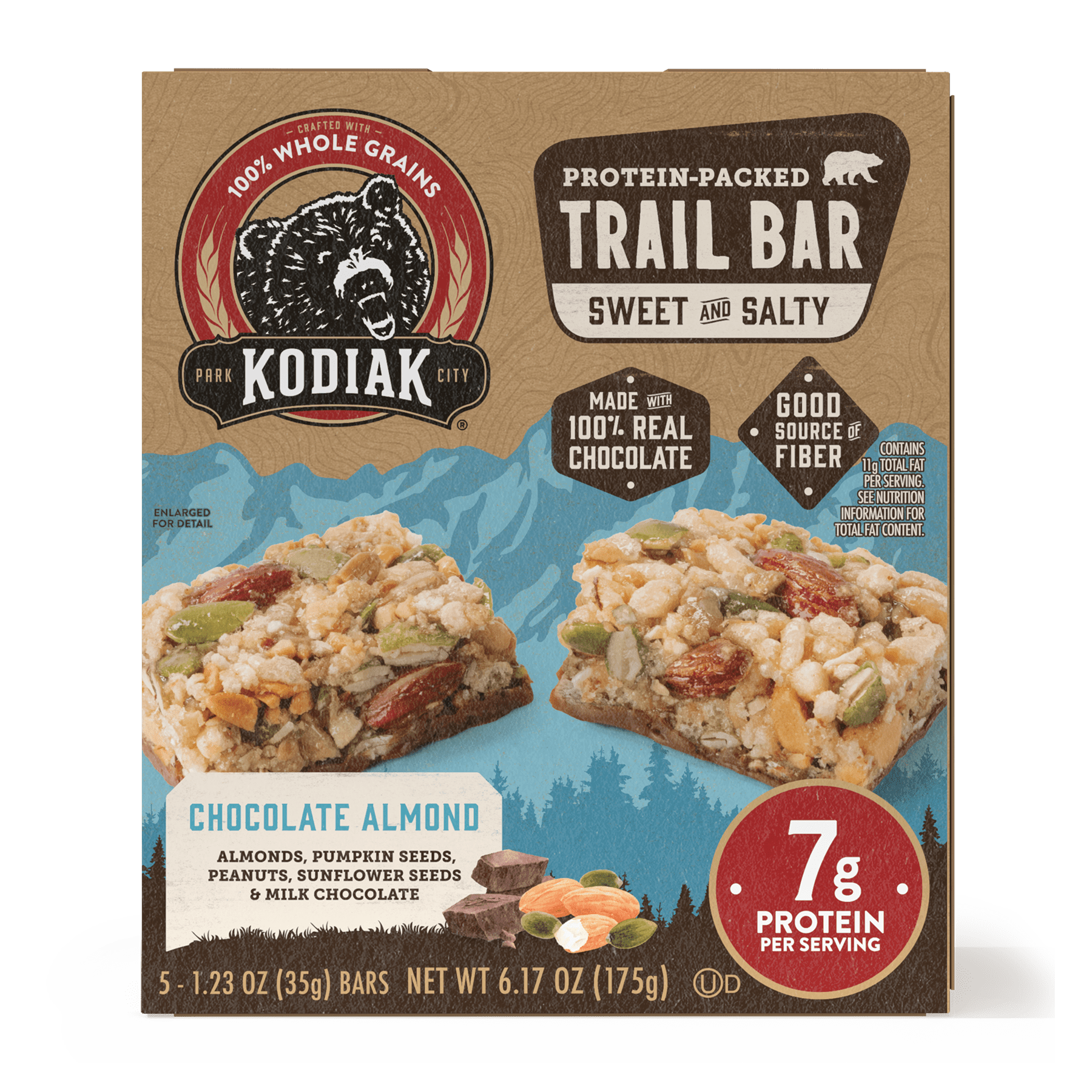 Kodiak Protein-Packed Chocolate Almond Trail Bars, 1.23 oz, 5 Count Cardboard Box