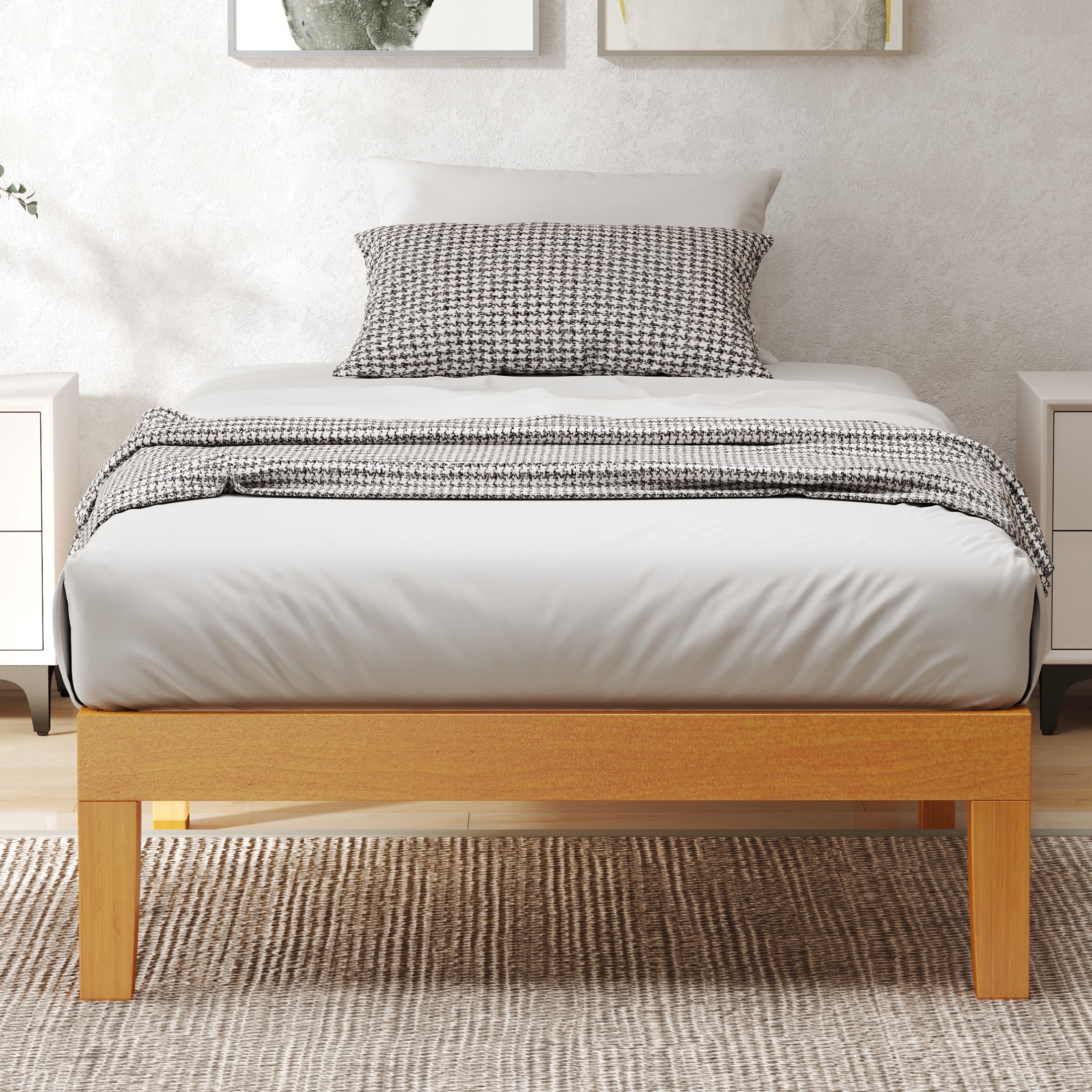 EDX Twin Size Wood Bed Frame,  No Spring Needed, 12in Wooden Platform Bed Frame Mattress Foundation with Support Slats,  Natural Pine