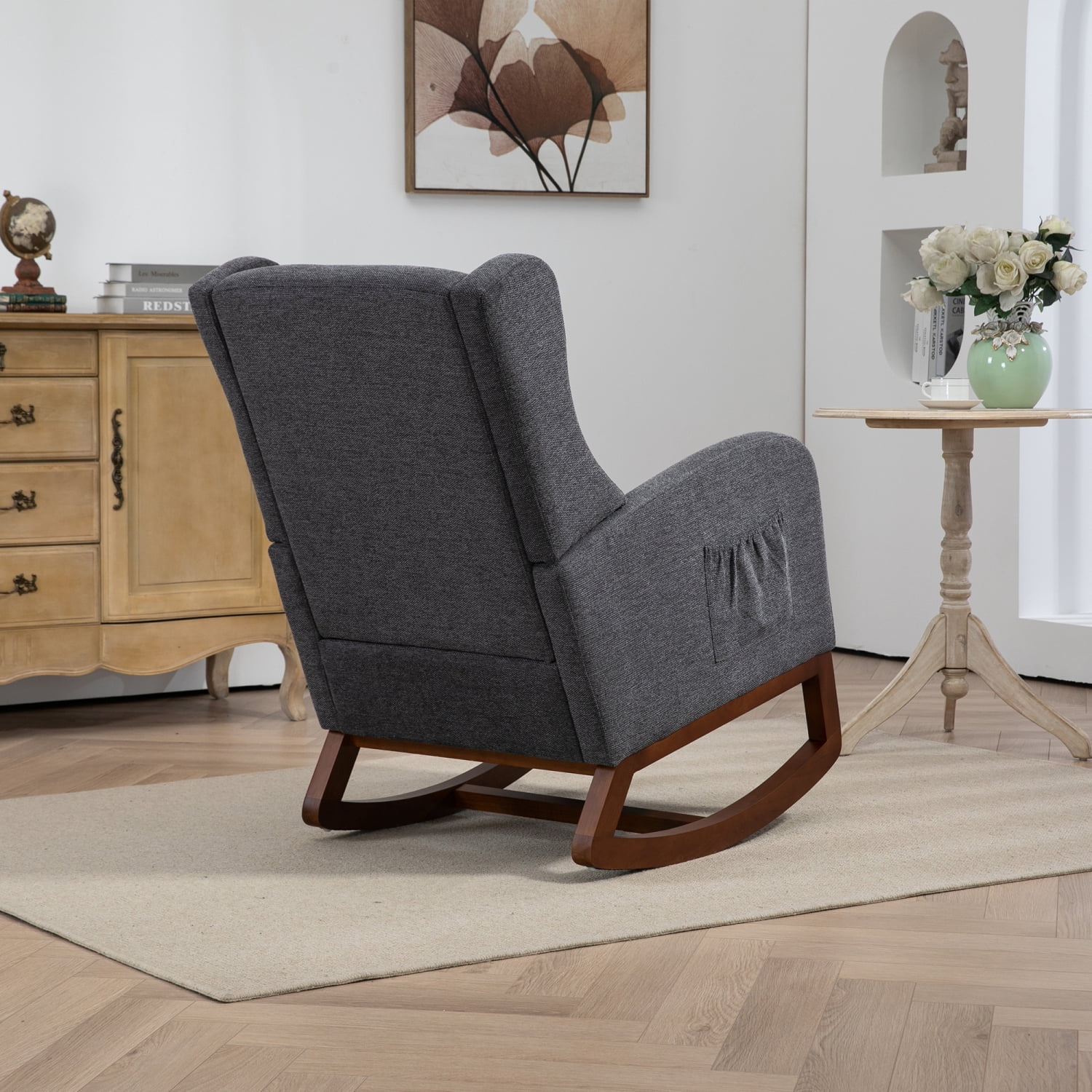 Miekor Furniture 25.4" W Modern Rocking Chair for Nursery,Mid Century Accent Arm Rocker With Retractable Footrest,Side Pocket,Comfy Upholstered Wingback Wooden Glider Chair MK3968