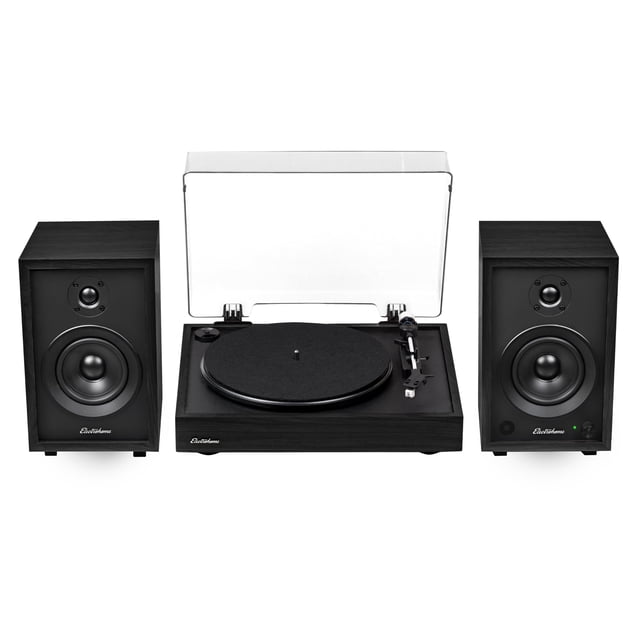 Electrohome Montrose Record Player Stereo System, 4" Bluetooth Powered Bookshelf Speakers, Belt-Drive Turntable with Audio-Technica Stylus, Speed Control Motor, Built-in Preamp, Wood Plinth