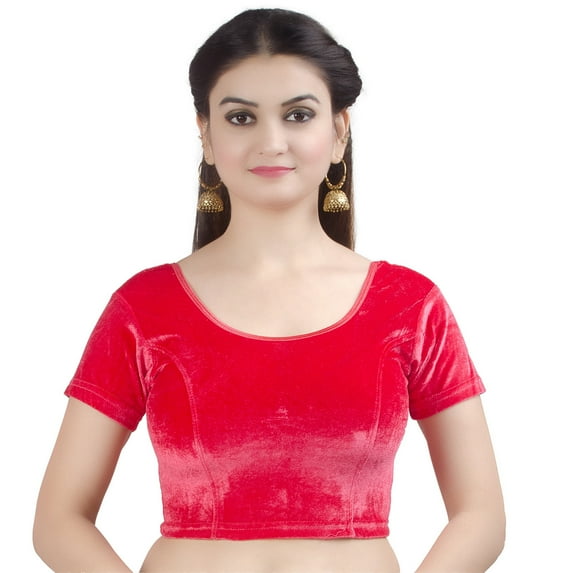 Chandrakala Women's Readymade Velvet Indian Ethnic Saree Blouse Crop Top Stretchable Choli-Large, Red (B130RED4)