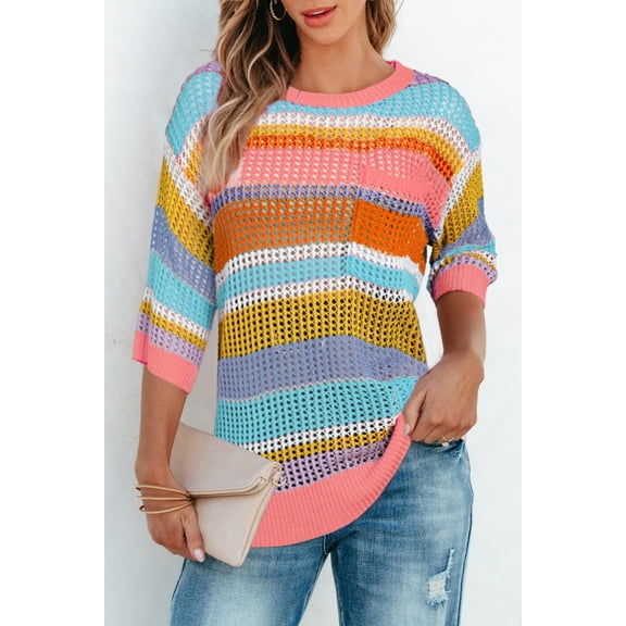 Plusashion Chic Pink Stripe Crochet Sweater - 3/4 Sleeve V-neck, Cozy & Stylish