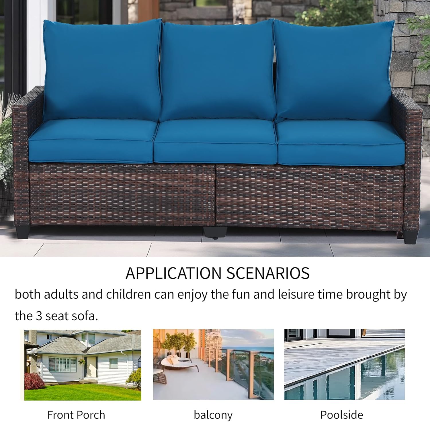 EortheX Outdoor Patio Sofa, 3-Seat Rattan Wicker Couch for Garden Deck or Porch, Comfortable All-Weather Patio Furniture with Anti-Slip Cushions (Beige)