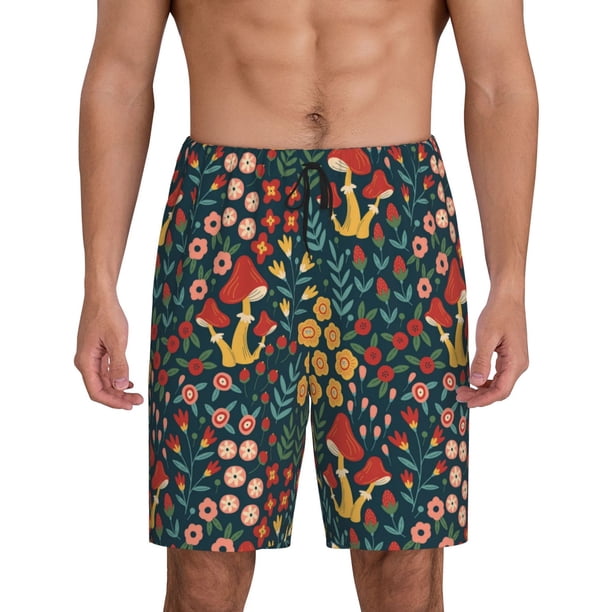 Fotbe Mushrooms And Flowers Pantalones Cortos de Pijama para Hombre, Ropa de Dormir, Pantalones de Pijama Cortos para Hombre-Medium