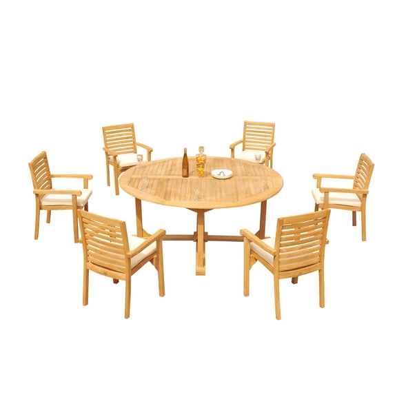 Grade-A Teak Dining Set: 6 Seater 7 Pc: 72" Round Table And 6 Hari Stacking Arm Chairs Outdoor Patio WholesaleTeak #51HR1707