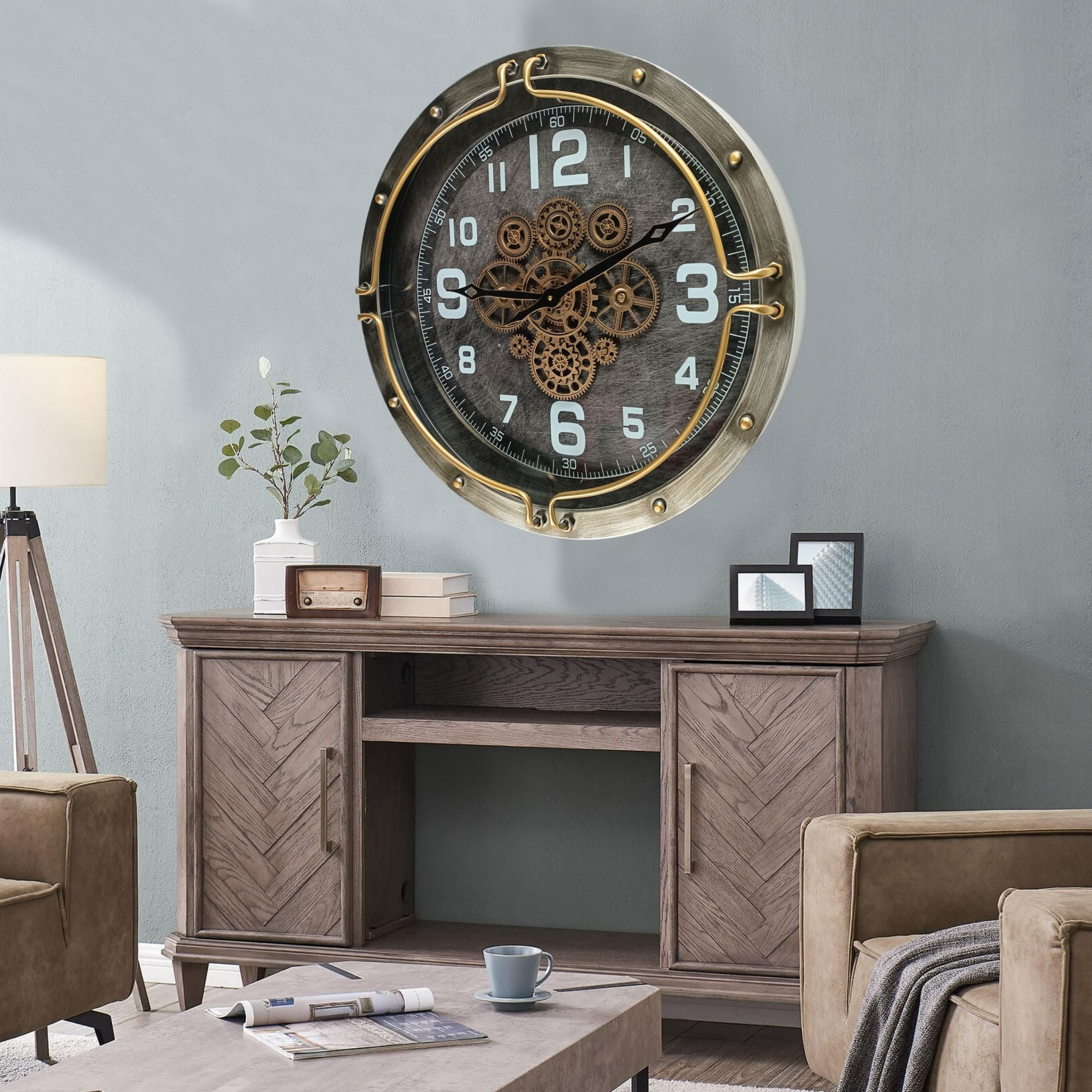THE GEARS CLOCK Wall Clock with Real Moving Gears LU-LI_ 24 in Round SILVER-GREY