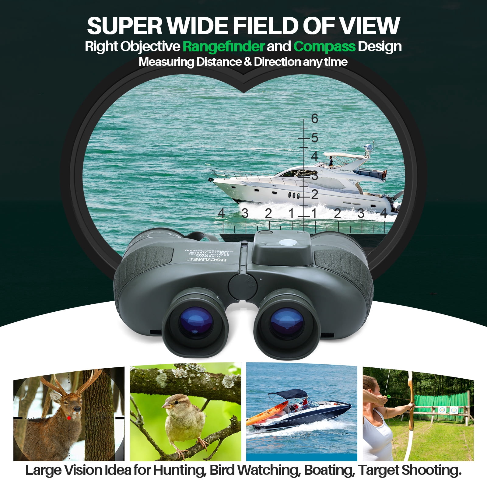 USCAMEL 10X50 Marine Binoculars for Adults, Binoculars with Low Light Vision Rangefinder Compass, BAK4 Waterproof Military Binoculars for Boating Hunting, Gift for Him
