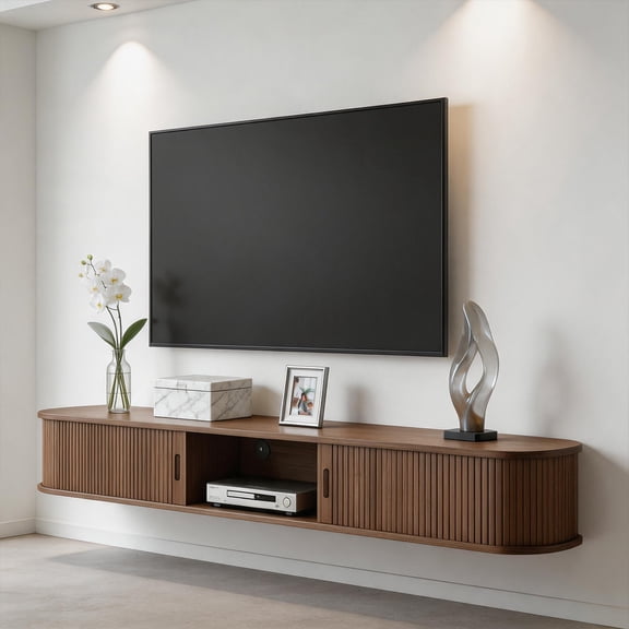 Floating TV Stand with Doors, 63'' Floating TV Shelf for TVs up to 80", 2 Tier Wall Mounted TV Stand, Floating Entertainment Center, TV Floating Cabinet for Living Room, Bedroom