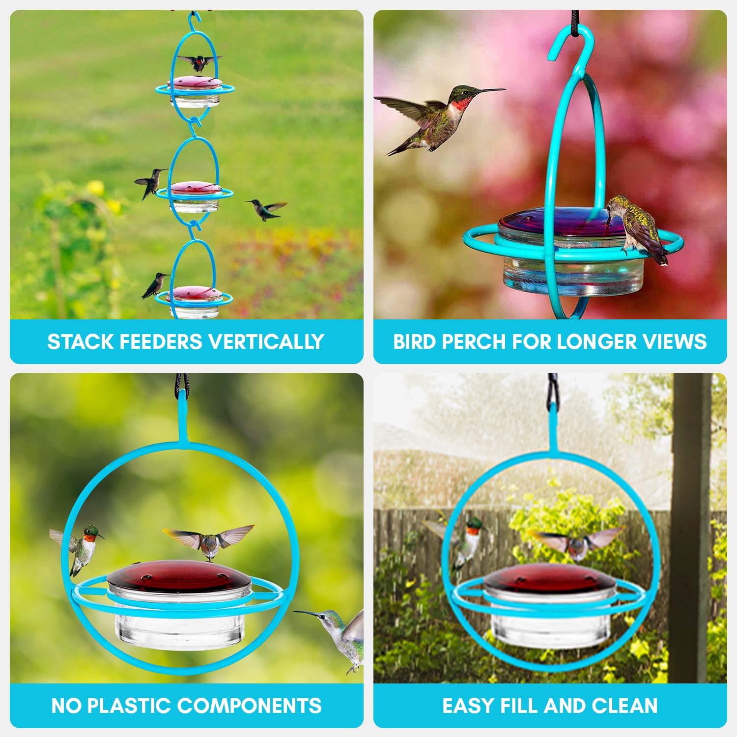 Mosaic Birds Recycled Glass and Metal Hummingbird Feeder for Outdoors - Hanging Bird Decor for Gardens - Aqua