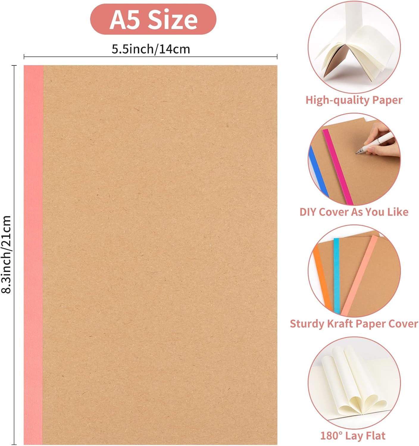 60 Pack Blank Composition Notebook Journals Bulk, A5 Unlined Paper Notebook, Kraft Cover with Rainbow Spines, 8.3”x 5.5”, 15 Colors 60 Pages for School Office Travel
