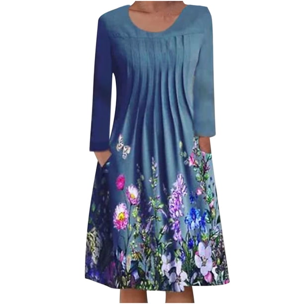 Vestidos estampados florales plegables de manga larga con cuello redondo informal de otoño para mujer Fridja yut1908