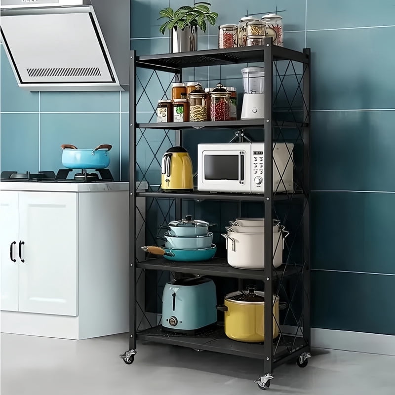 Howcool 5-Tier Heavy Duty Metal Rack Foldable Shelf Organizer, Kitchen Storage Cart with Lockable Wheel