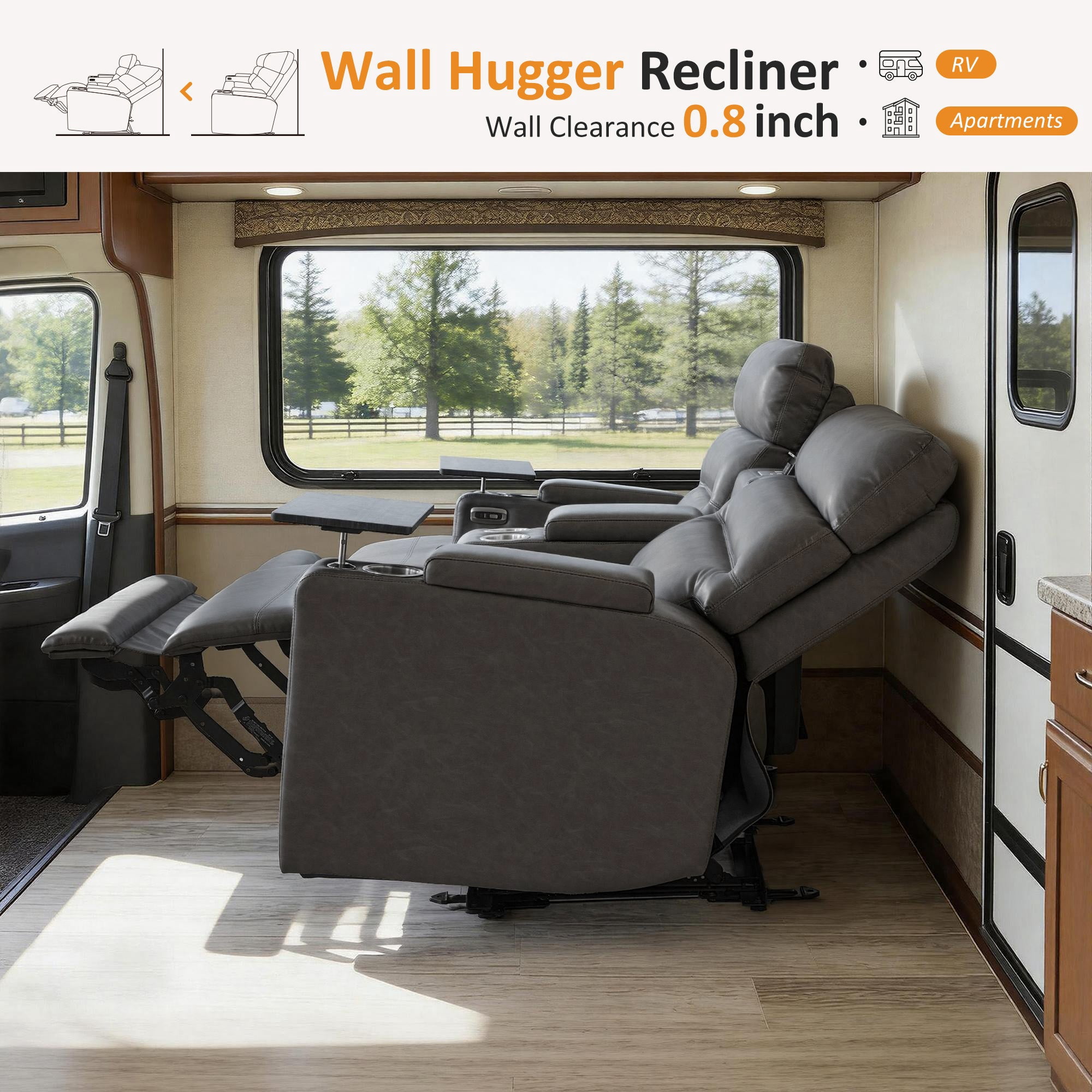 MCombo 73" Wall Hugger Power Loveseat Recliner with Console for Small Spaces, RV, 360° Swivel Tray Table, Armrest Storage, Dark Grey
