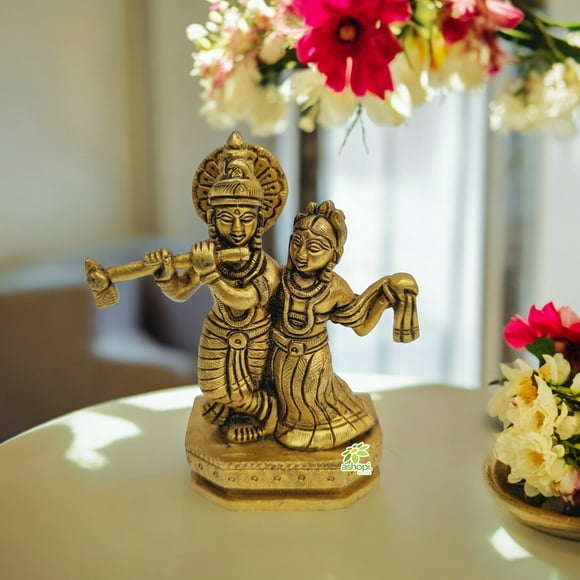 Ashopi Decor Figurine en Laiton d'Inspiration Vintage Radha Krishna/ Idole de l'Amour/ Radha Krishna Murti (Jaune, 4,5 Po)