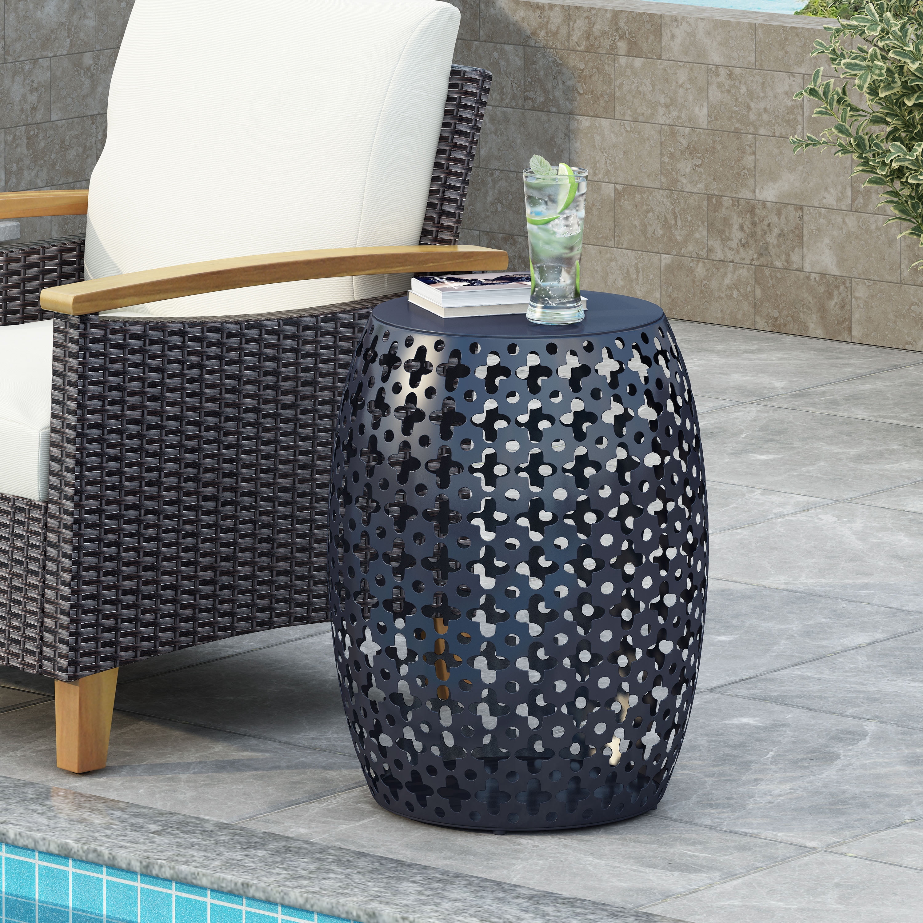 Outdoor Large Cylindrical Side Table, Hollow Out Iron Craft Tabletop for Patio Garden, Navy Blue