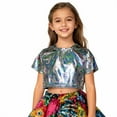 thumbnail image 4 of Wuxian Kids Shirt Shine Sequins Shirts Crop Top Short Sleeve Round Neck Carnival Performance Glitter Sequin Stretch Tee Dancewear Cute Tops,Black,3-4 Years, 4 of 4