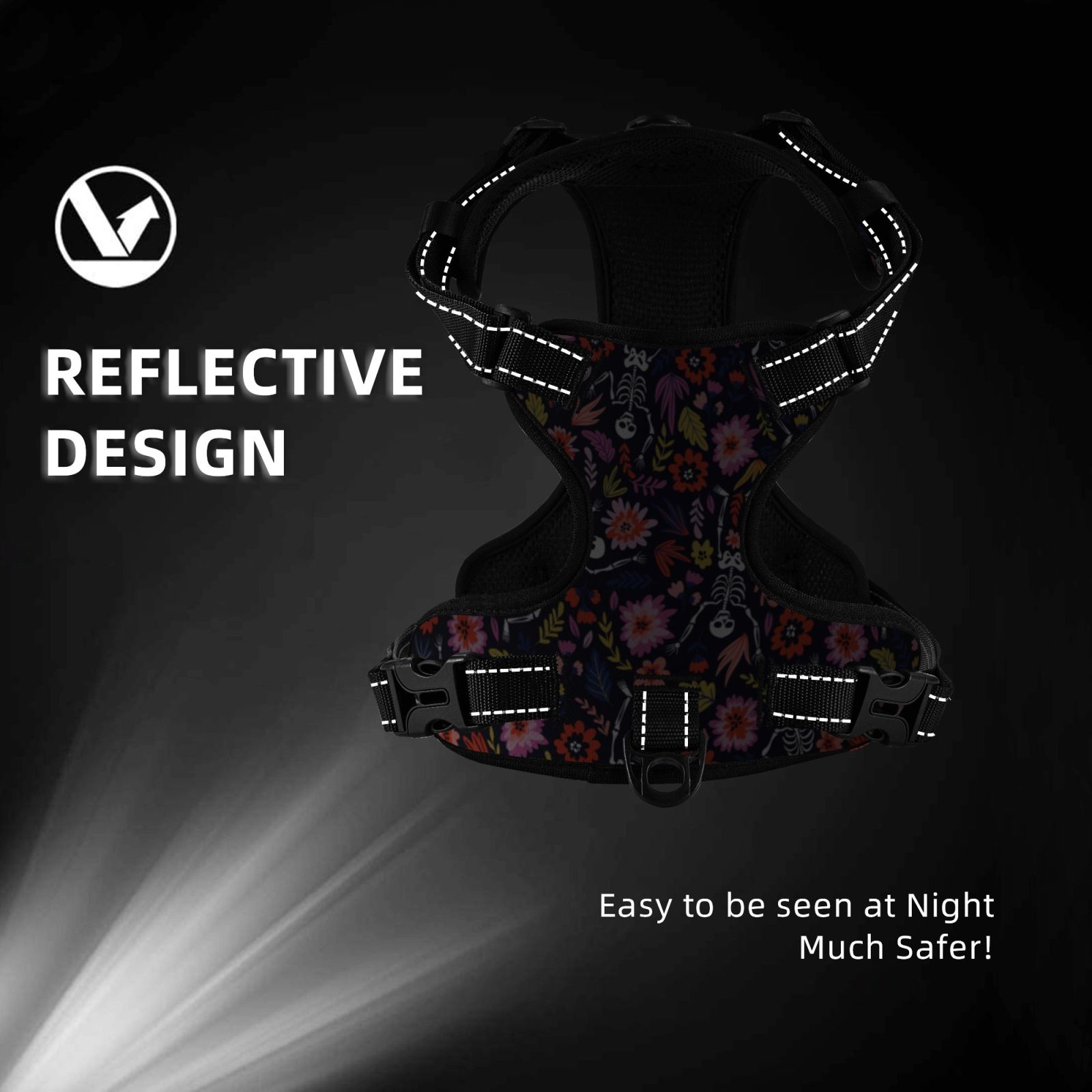 Fuzoiu Dancing Skeletons Floral Garden Print Reflective Dog Harness,Adjustable, Breathable Pet Vest,Dog Harness No Pull,No Choke Pet Vest for Small, Medium, and Large Dogs-X-Large