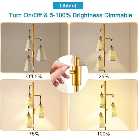 YJYASX-68IN Dimmable Floor Lamp for Living Room, Industrial 3-Light Tree Floor Lamps with LED E26 Bulbs Included, Mid Century Floor Lamp with Fabric Patterned Lampshades for Bedroom HOM Office-Gold
