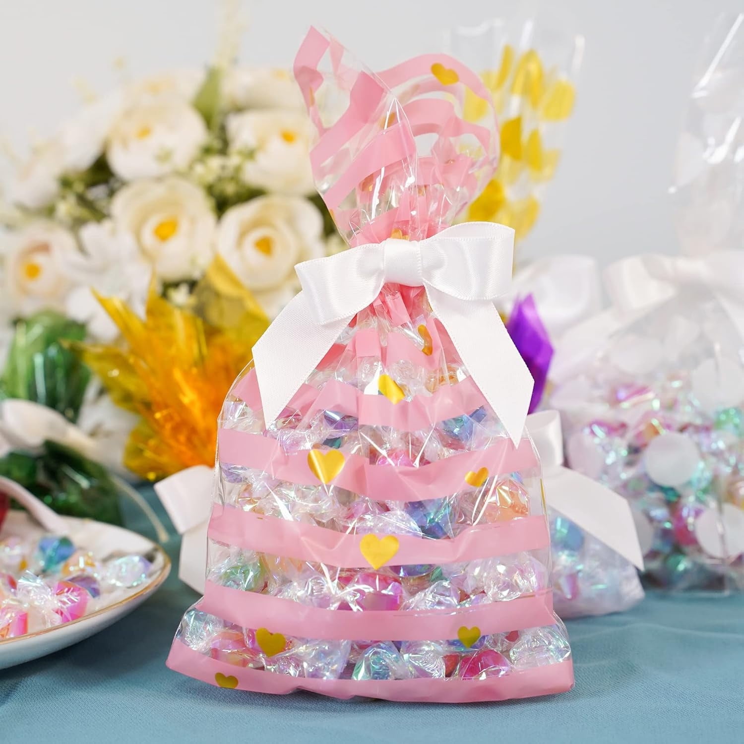 300 Pcs Christmas Twist Tie Bows,2.75'' Multicolor Satin Ribbon Pretied Bows,Premade Craft Decoration Bows,Pretied Bows for Package Cake Basket Favors Cookie Candy, Gift Wrapping Baby Shower Wedding