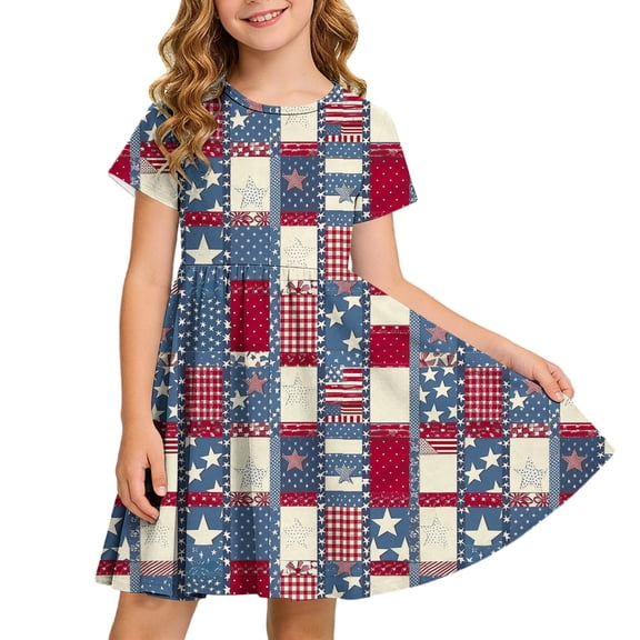 YUANxueke 4th of July Dresses for Girls Crew Neck Short Sleeve Mini A-Line Dress Independence Day Outfit for 4-14 Years