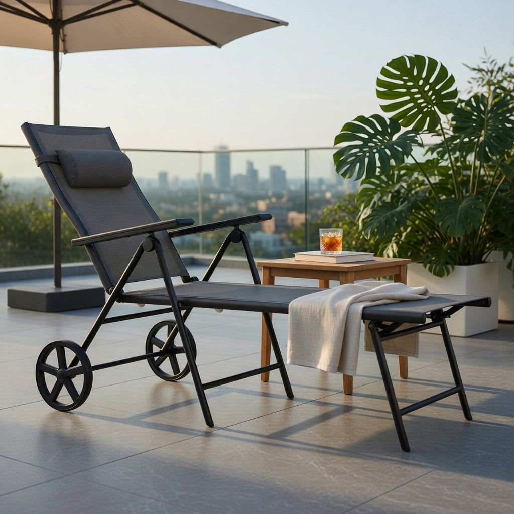 Hommoo Adjustable Outdoor Lounge Chair with Wheels, Aluminum Patio Recliner with Neck Pillow & 7-Position Backrest for Backyard, Poolside & Deck, Gray
