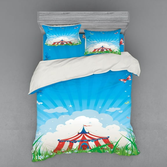 Ambesonne Retro Bedding Set 4 Pcs, Circus Tent with Clouds, Queen, Red Green Blue