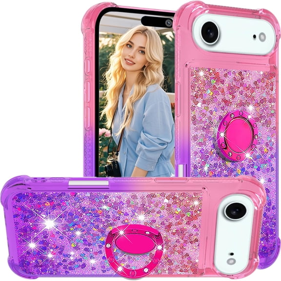 LinQingQ Glitter Case with Ring Kickstand Comparable with iPhone 17 Air 6.5 Inch Women Girls Gradient Liquid Bling Floating Sparkle Soft TPU Shockproof Cover Pink Purple
