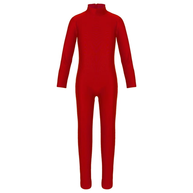 Alvivi Combinaison de Sport Extensible pour Filles Justaucorps de Gymnastique Intégral Costume de Danse Lyrique pour Enfants Rouge 15-16