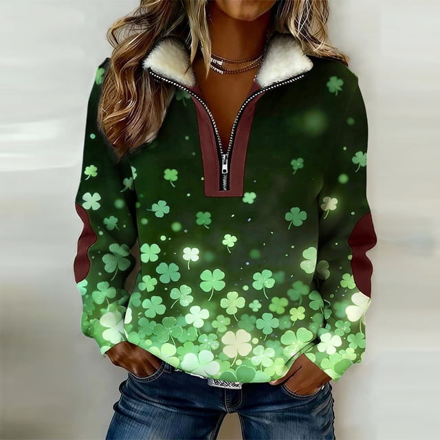 TaTaai Women's Casual Sweatshirt Jacket Long Sleeve Lapel Collar Half Zip Color Block St. Patrick's Print Pullover Top for Spring Daily Outfit Gift