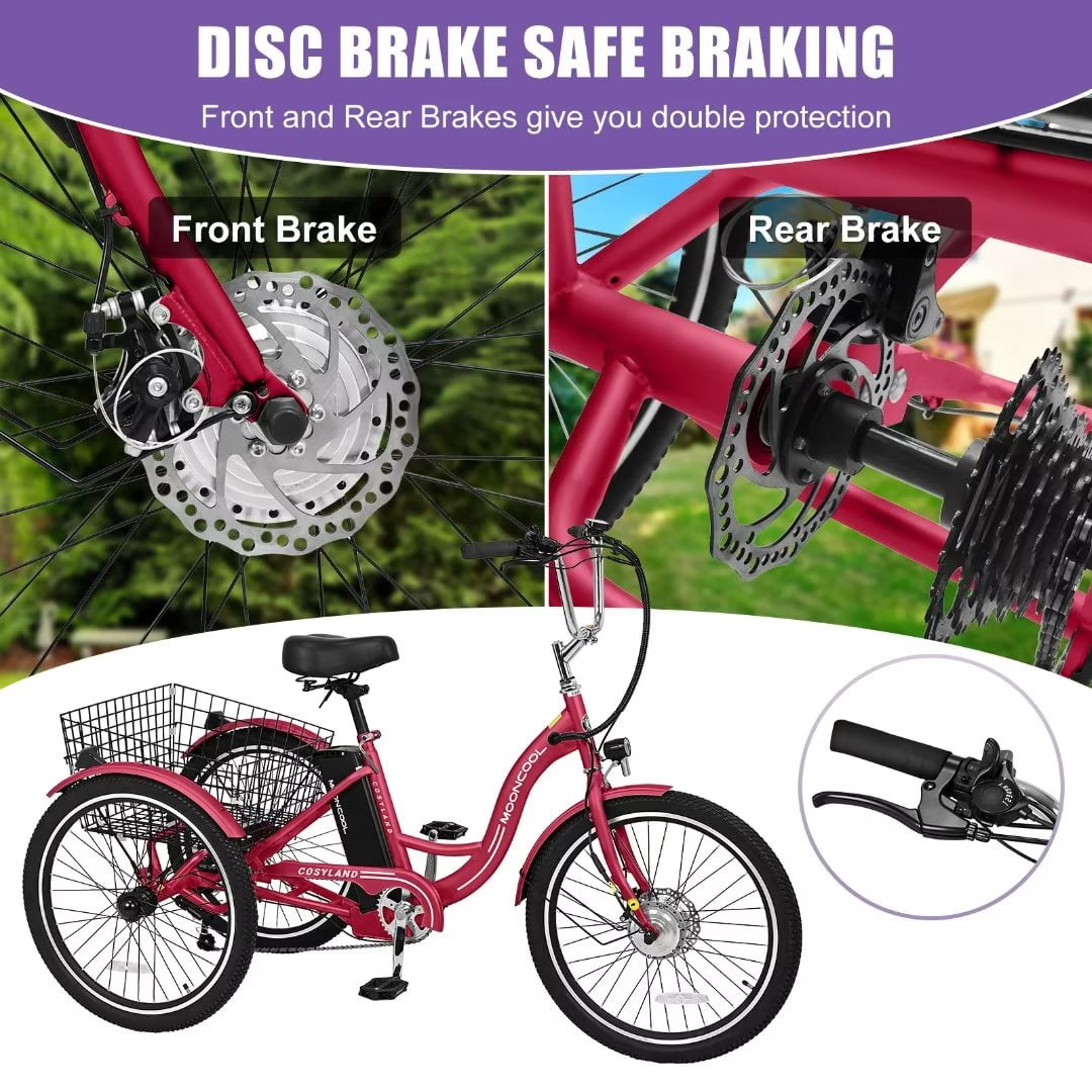 Docred 24'' Adult Electric Tricycles 3 Wheel Electric Bike, 15.5 mph 350W Electric Trikes for Seniors，7-Speed & 4 Adjustable Riding Modes Electric Tricycle with 36V Removable Lithium Battery