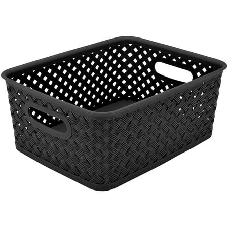 Simplify Resin Wicker Storage Bin Tote Basket Weave, Small, Black (10" X 8" X 4")