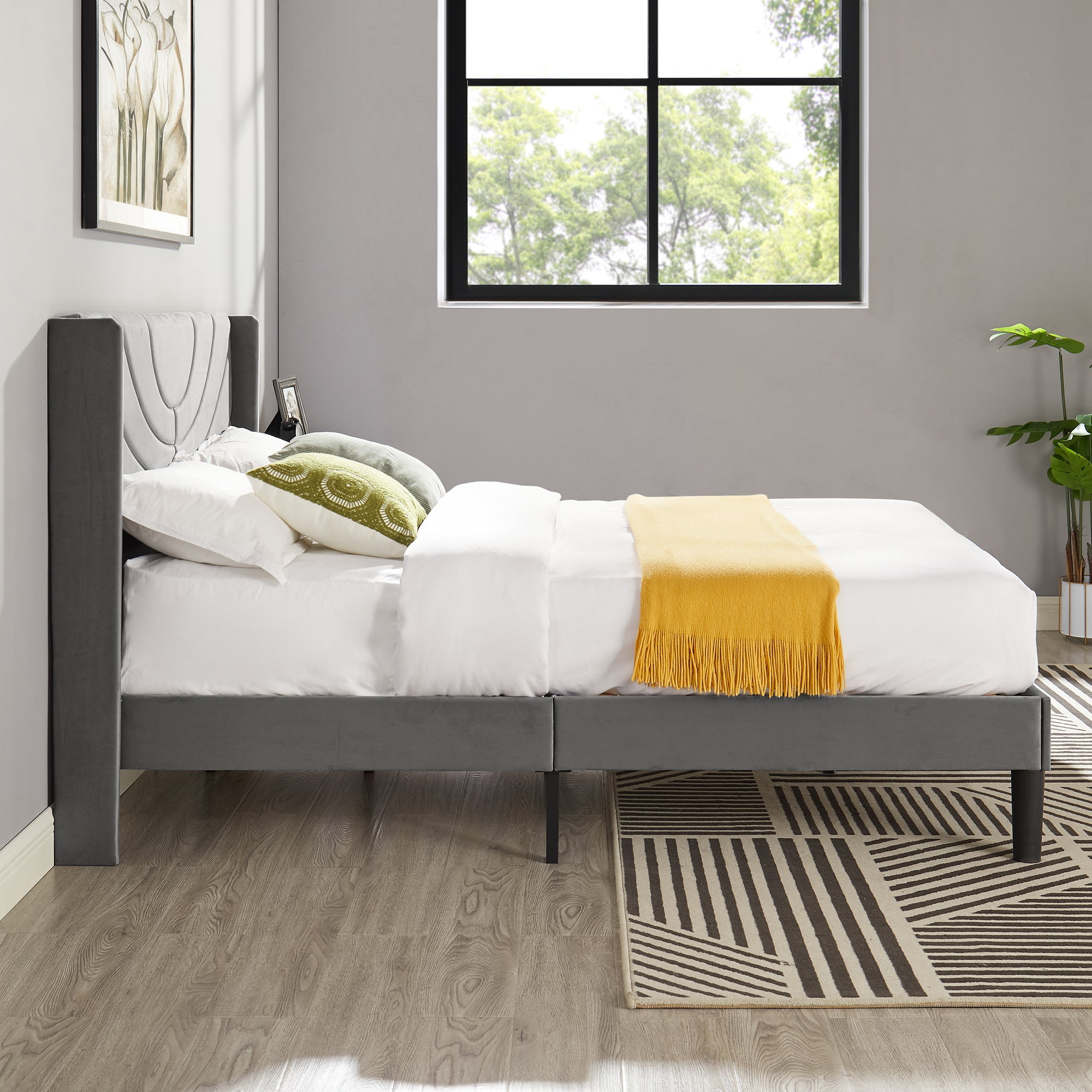 VECELO Queen Platform Bed Frame with Upholstered Headboard, Strong Wooden  Slats/No Box Spring Needed, Dark Gray