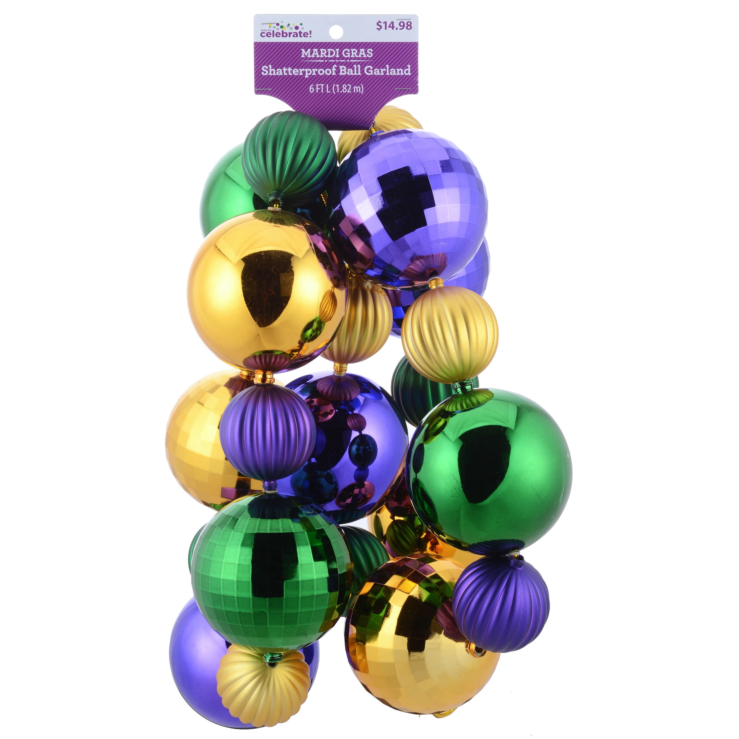 Way to Celebrate Mardi Gras Shatterproof Ball Garland, 6 ft.