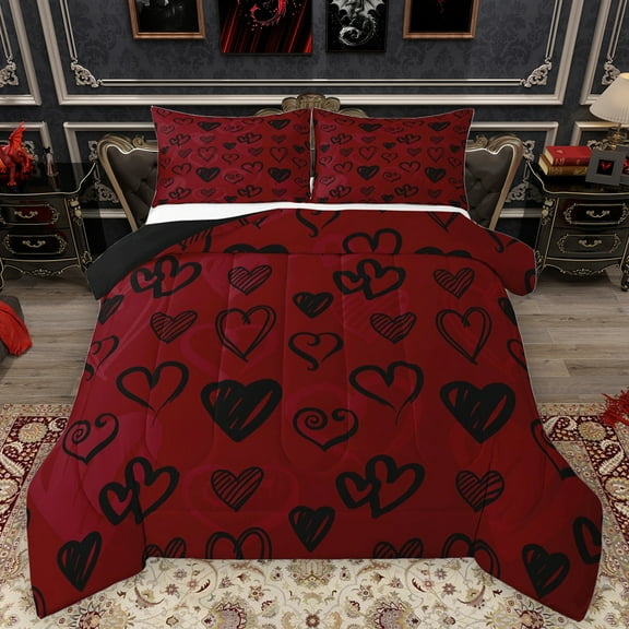 Feelyou Romantic Love Heart Bedding Comforter Set for Girl, Red Cartoon Twin Comforter Sets, Couple Anniversary Theme Reversible Bedding Set, Luxury Bedroom Decor, 2pcs