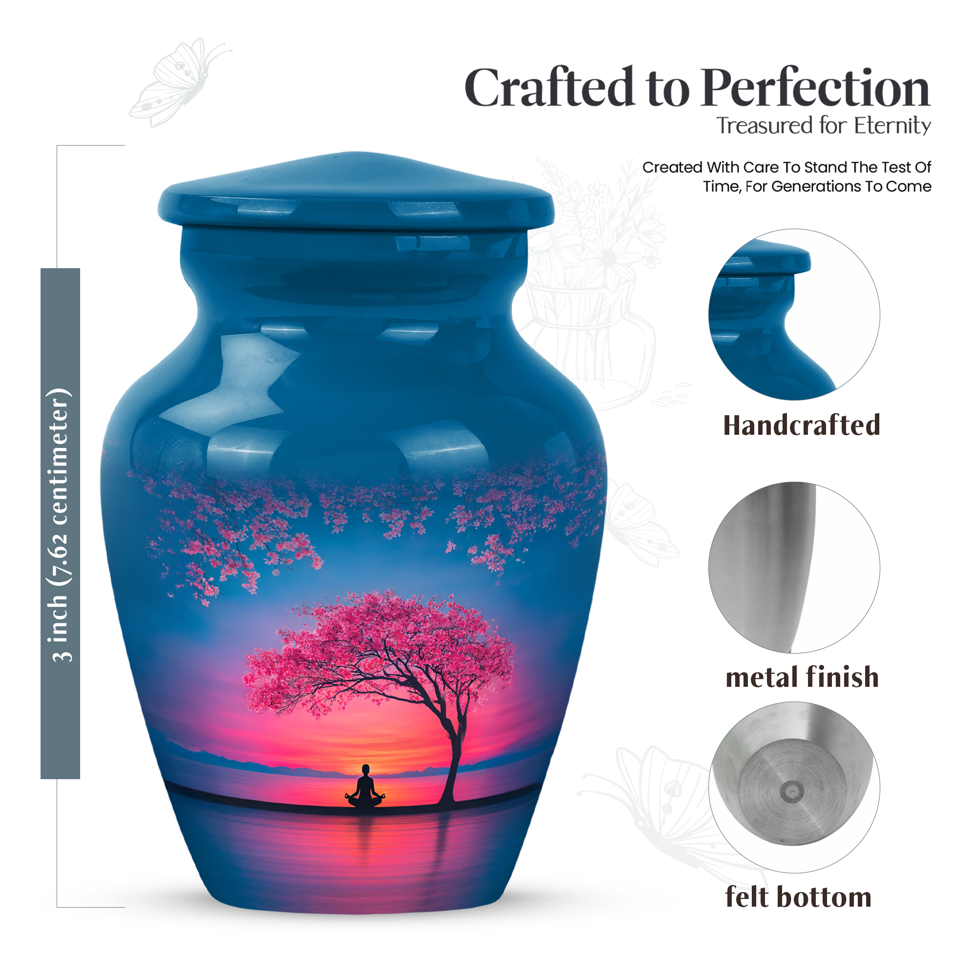 MUKTIVE Cherry Blossom Funeral Urns for Ashes Adult Man, Keepsake Blue Memorial Urn for Ashes for Women, Meditation Burial Urns for Adult Male, Sunrise Cremation Urn, 3 Inch