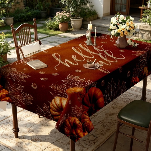 Vintage Rustic Autumn Pumpkin Leaf Print Tablecloth, Indoor Thanksgiving Holiday Party Fabric Dining Accent Cover, Thanksgiving Christmas Gift