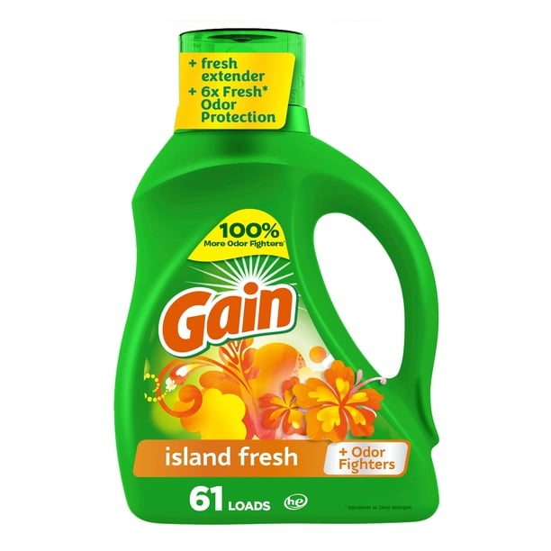 Detergente Líquido GAIN Island Fresh, Aroma Limpio y Fresco, Elimina Manchas y Suciedad Adherida, 61 Lavadas (2,6L)