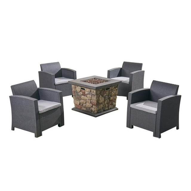 Noble House Caley Outdoor 4-Seater Print Chat Set w/ Fire Pit Stone