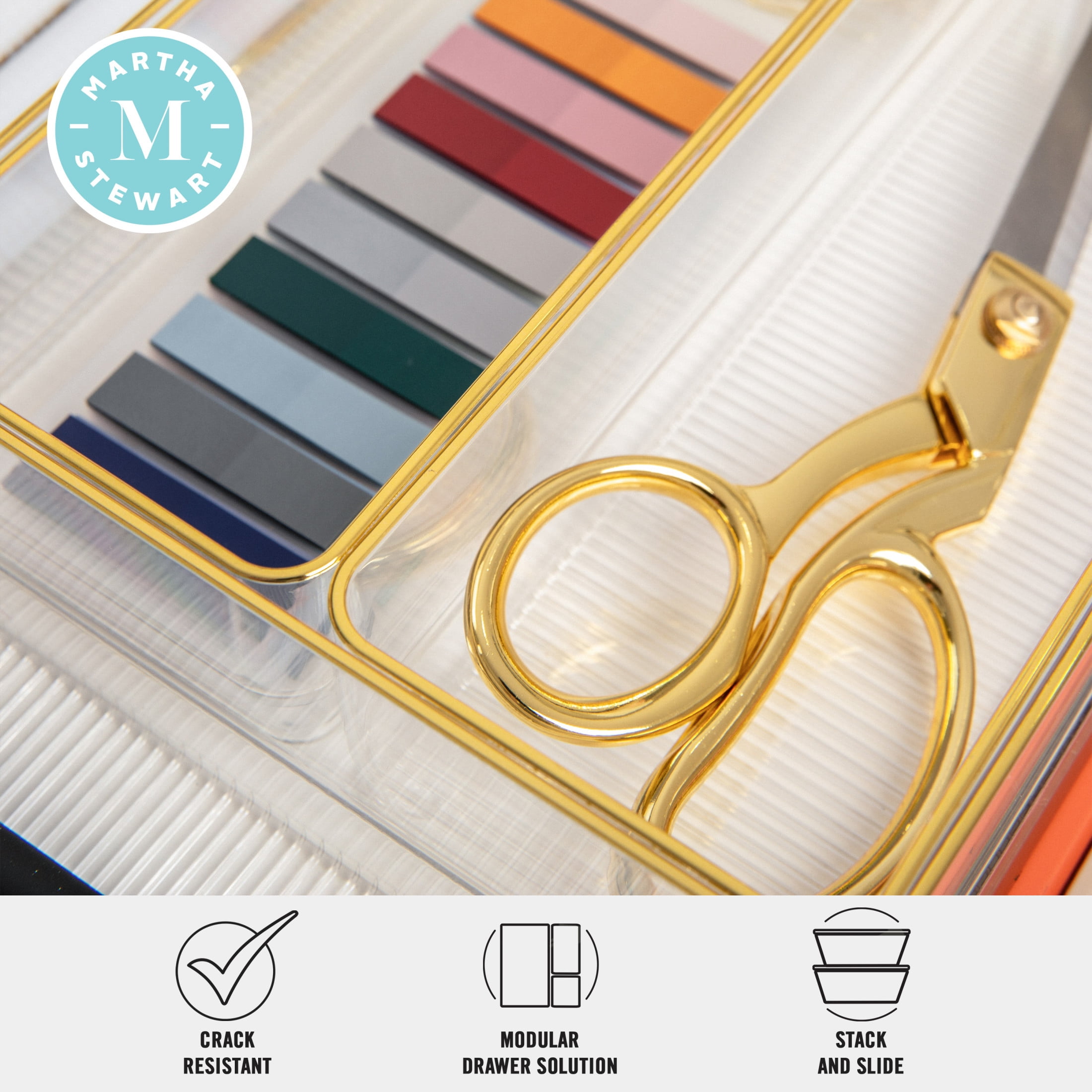 Martha Stewart Kerry 6 Pack Plastic Stackable Office Desk Drawer Organizers with Gold Trim, 12" x 3"