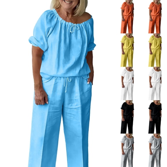 Womens Casual Cotton Linen Blend Outfit Round Neck Short Sleeve Drawstring Top Elastic Waist Wide Leg Pants with Pockets Solid Color Loungewear Set Sky Blue XL(XL)