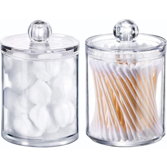 Qtips Holder Dispenser for Cotton Ball, Cotton Swab, Cotton Round Pads, Floss - 10 oz Clear Plastic Apothecary Jar Set for Bathroom Canister Storage Organization, Vanity Makeup Organizer